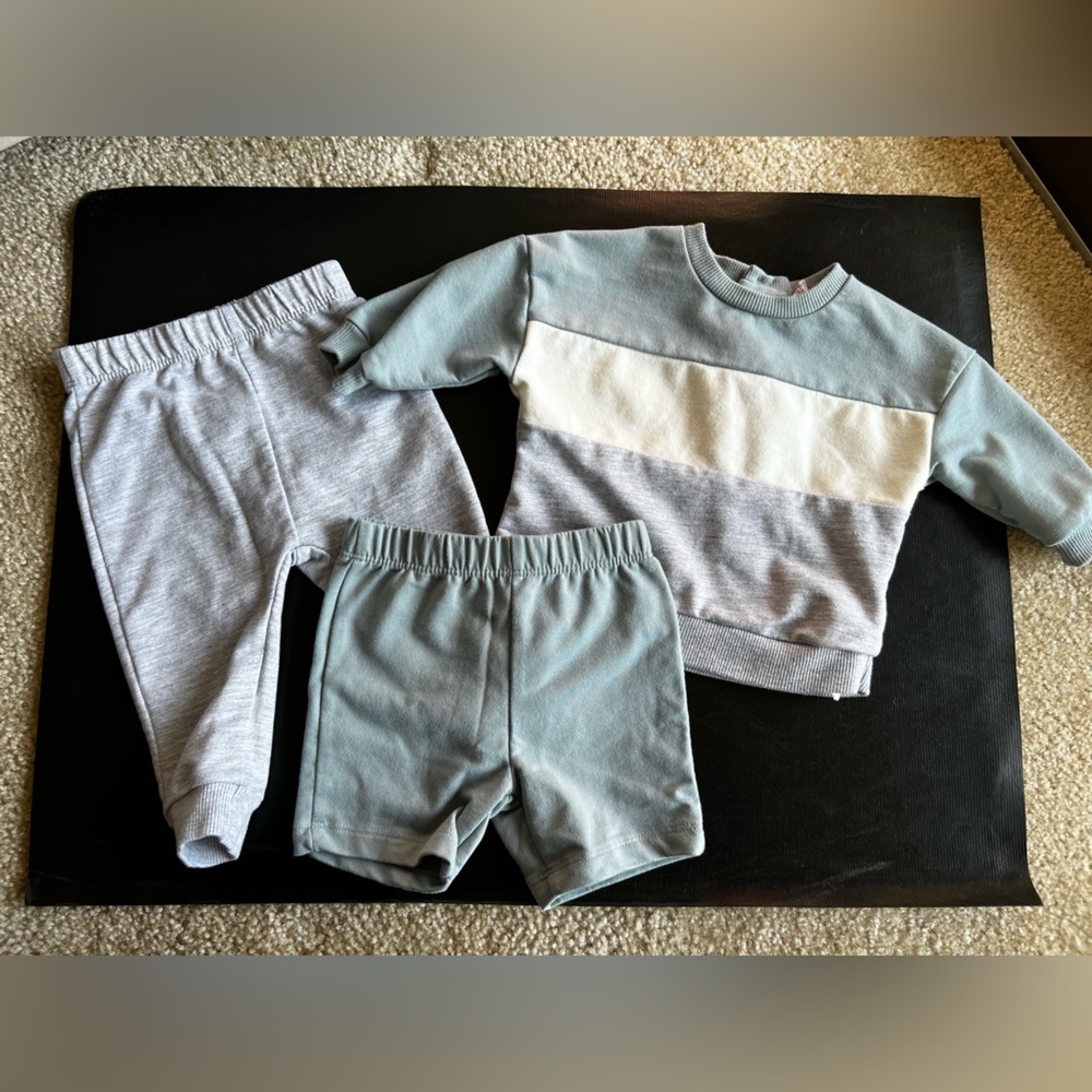 Infant baby pl baby 6M 3 piece shorts, pants, sweatshirt set